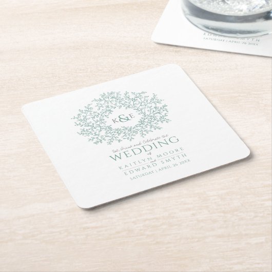 Groene cirkel met bladtekenmonogram bruiloft kartonnen onderzetters (Schuin)