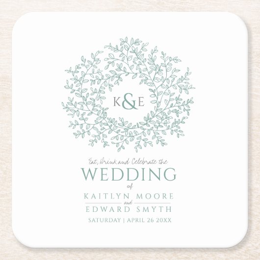 Groene cirkel met bladtekenmonogram bruiloft kartonnen onderzetters (Voorkant)