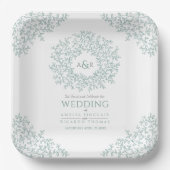 Groene cirkel met bladtekenmonogram bruiloft papieren bordje (Voorkant)