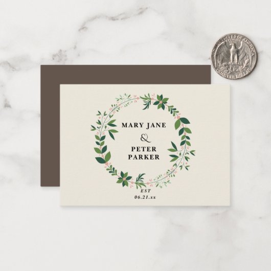 Groene cirkel vrouwelijke bloemenbruiloft notitiekaartje (Voorkant / Achterkant in situ)