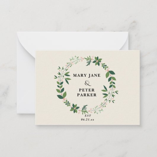 Groene cirkel vrouwelijke bloemenbruiloft notitiekaartje (Voorkant)