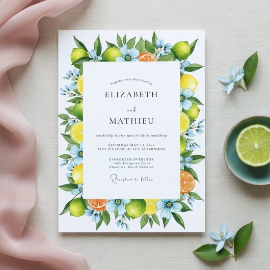 Groene Citrus Bloemige Romantische Bruiloft Kaart