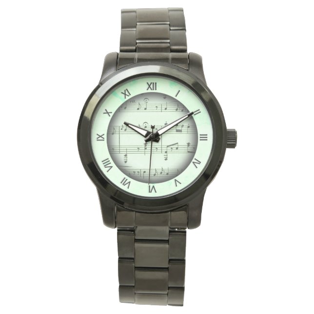 Groene Classic Bladmuziek Romeinse cijfers Horloge (Voorkant)