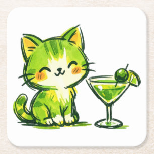 Groene Cocktails en Katten Kartonnen Onderzetters
