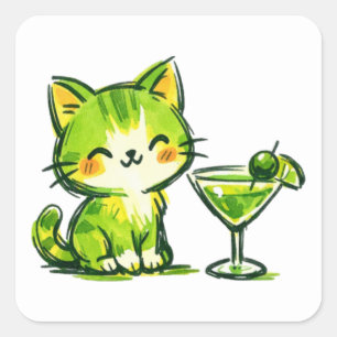 Groene Cocktails en Katten Vierkante Sticker