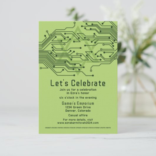 Groene Computer Circuit Board Bar Mitzvah Receptie Informatiekaartje (Staand voorkant)