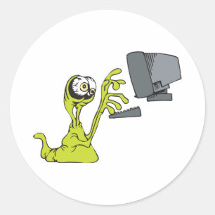 groene computer typende alien monster blob ronde sticker