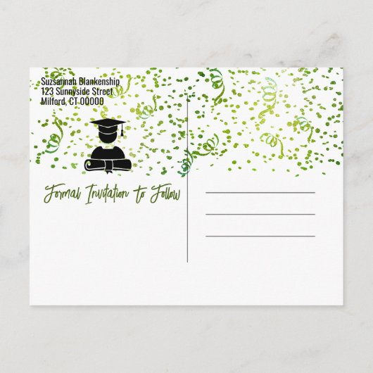 Groene Confetti Graduation Party sparen de Datum Aankondigingskaart (Achterkant)