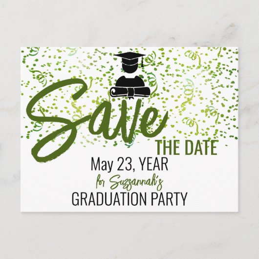 Groene Confetti Graduation Party sparen de Datum Aankondigingskaart (Voorkant)