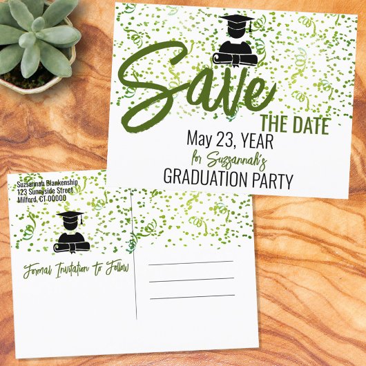 Groene Confetti Graduation Party sparen de Datum Aankondigingskaart