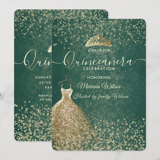 Groene coole Gouden pailletten jurk tiara Quinceañ Kaart (Voorkant / Achterkant)