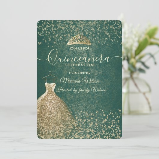 Groene coole Gouden pailletten jurk tiara Quinceañ Kaart (Staand voorkant)