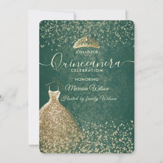 Groene coole Gouden pailletten jurk tiara Quinceañ Kaart (Voorkant)