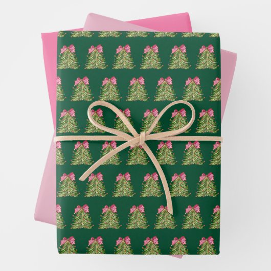 Groene Coquette Bow Christmas Tree Wrapping Paper (In situ)
