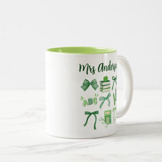 Groene Coquette Bow Kleuterschool Elementaire Lera Tweekleurige Koffiemok (Voorkant rechts)