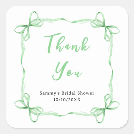 Groene Coquette Lint Bruidsfeest Bedankt Vierkante Sticker (Voorkant)