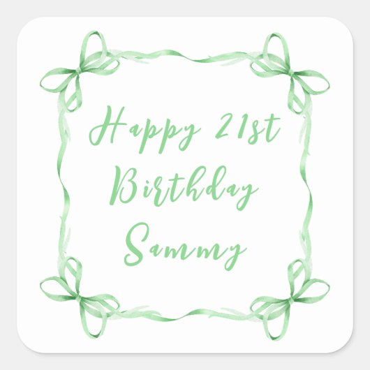Groene Coquette Ribbon Happy Birthday Vierkante Sticker (Voorkant)