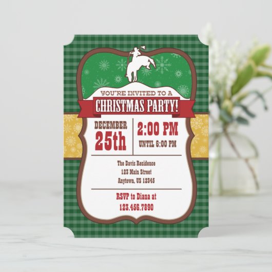 Groene Cowboy Kerstfeest Uitnodiging (Staand voorkant)