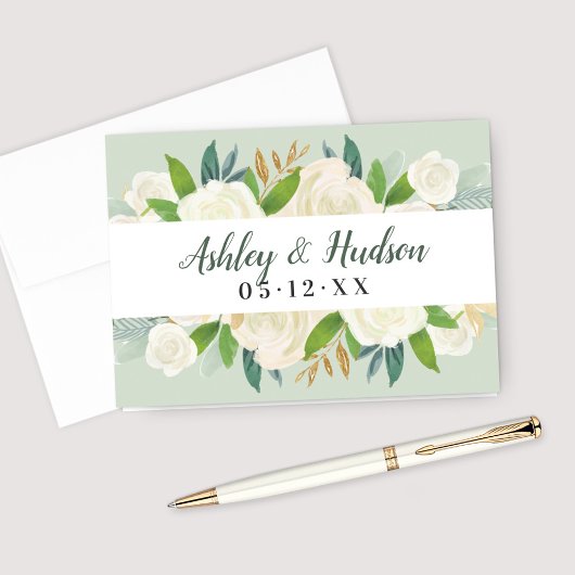 Groene Cream Gold Floral Greenery Wedding Monogram Bedankkaart