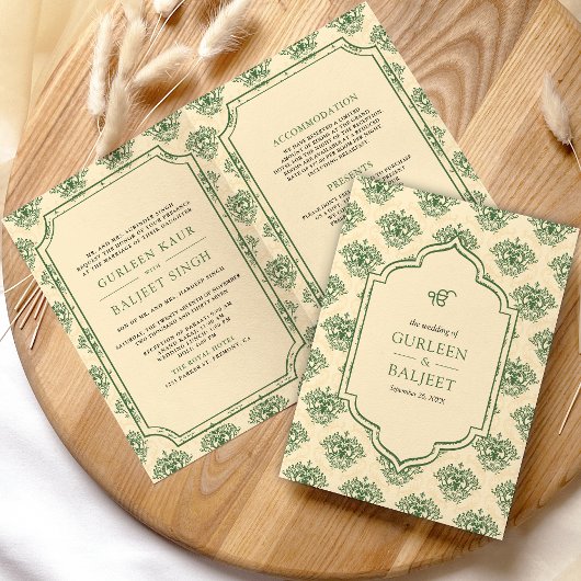 Groene Crème Ikat Damask All in One Sikh Huwelijk