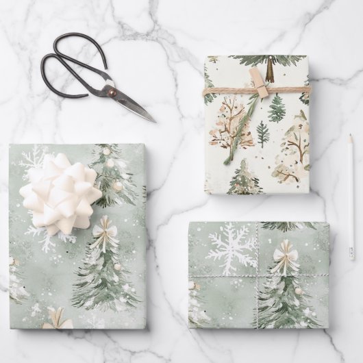 Groene Crème Kerstbomen Sneeuwvlokken Inpakpapier Vel (Voorkant)