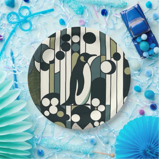 Groene crème pinguïn verloren in de geometrie papieren bordje (Feest)