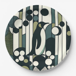 Groene crème pinguïn verloren in de geometrie papieren bordje