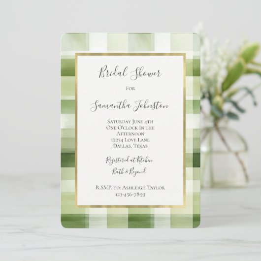 Groene Crème Plaid Strepen Bruidsdouche Kaart (Staand voorkant)