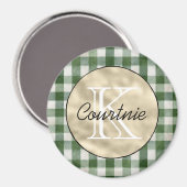 Groene Crème Plaid Strepen Gouden Monogram Magneet (Voorkant / Achterkant)