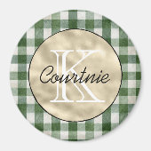 Groene Crème Plaid Strepen Gouden Monogram Magneet (Voorkant)