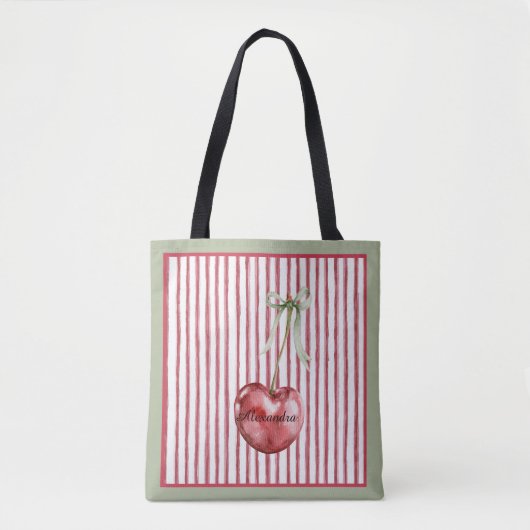 Groene Crème Rode Strepen Kers Tote Bag (Voorkant)