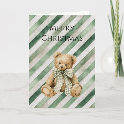 Groene Crème Strepen Teddydbeer Kerstmis Kaart (Voorkant)