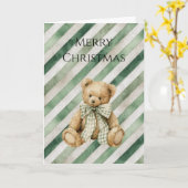 Groene Crème Strepen Teddydbeer Kerstmis Kaart (Gele Bloem)