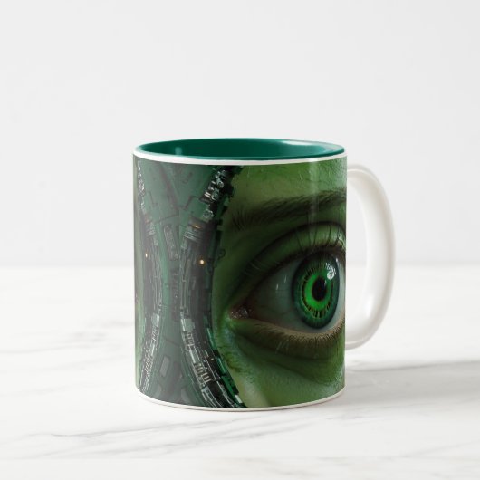 Groene Cyber Eye Fun Tweekleurige Koffiemok (Voorkant rechts)