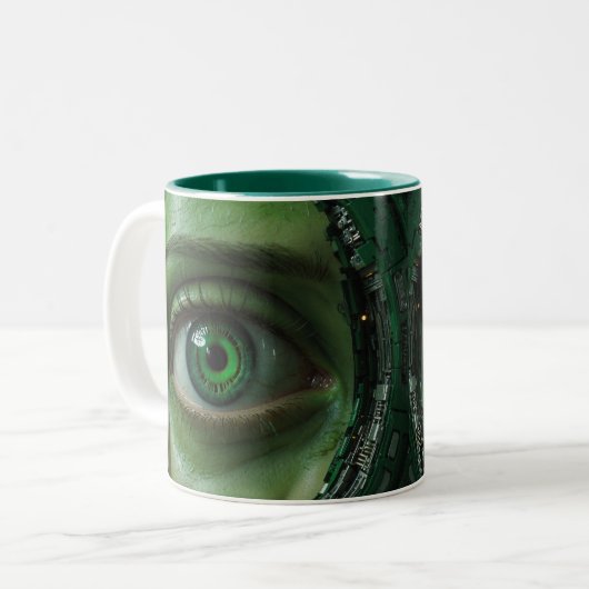 Groene Cyber Eye Fun Tweekleurige Koffiemok (Voorkant links)