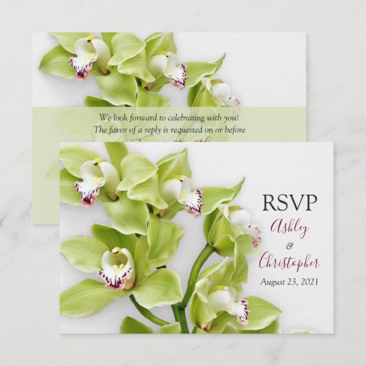 Groene Cymbidium Orchidee bruiloft antwoord RSVP-k (Voorkant / Achterkant)