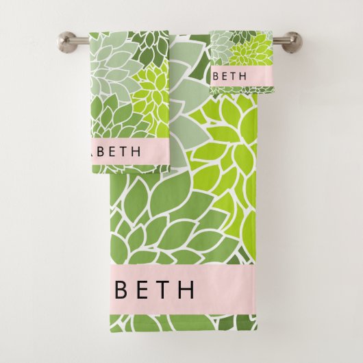 Groene dahlia bloemen, bloemmotief, Jouw naam Bad Handdoek (Insitu)