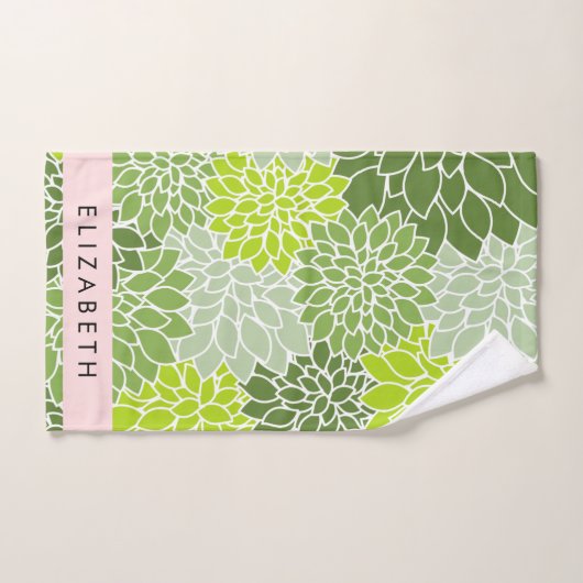 Groene dahlia bloemen, bloemmotief, Jouw naam Bad Handdoek (Handdoek)