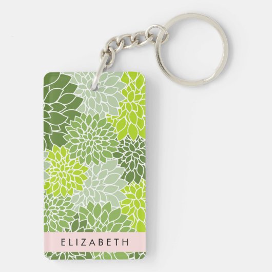 Groene dahlia bloemen, bloemmotief, Jouw naam Sleutelhanger (achterkant)