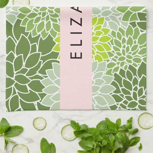 Groene dahlia bloemen, bloemmotief, Jouw naam Theedoek (Gevouwen)