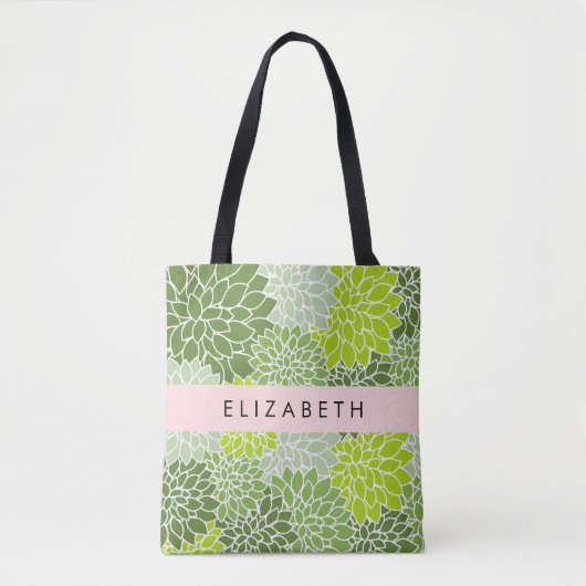 Groene dahlia bloemen, bloemmotief, Jouw naam Tote Bag (Voorkant)
