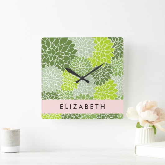 Groene dahlia bloemen, bloemmotief, Jouw naam Vierkante Klok (Huis)