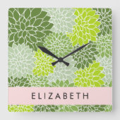 Groene dahlia bloemen, bloemmotief, Jouw naam Vierkante Klok (Voorkant)