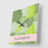 Groene dahlia bloemen, bloemmotief, Jouw naam Vierkante Klok (Hoek)