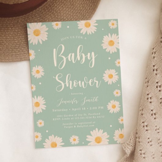 Groene Daisy Floral Meisje Baby shower Uitnodiging