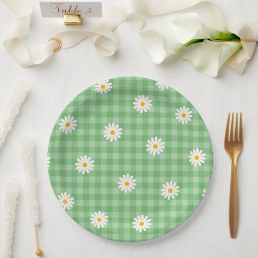 Groene Daisy Plaid Gingham Controleer bloemenpatro Papieren Bordje (Huwelijk)