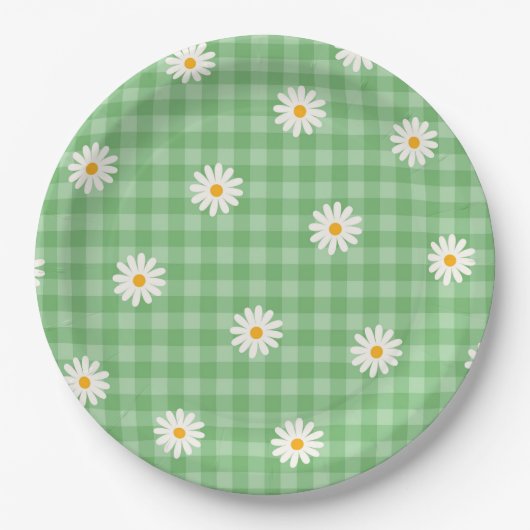 Groene Daisy Plaid Gingham Controleer bloemenpatro Papieren Bordje (Voorkant)