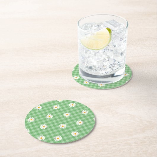Groene Daisy Plaid Gingham Controleer bloemenpatro Ronde Kartonnen Onderzetter (Insitu)