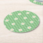 Groene Daisy Plaid Gingham Controleer bloemenpatro Ronde Kartonnen Onderzetter (Gebogen)