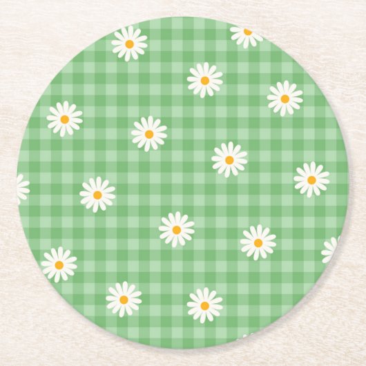 Groene Daisy Plaid Gingham Controleer bloemenpatro Ronde Kartonnen Onderzetter (Voorkant)